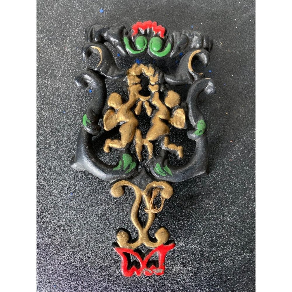 Vintage Footed Black Cast Iron Trivet Cherub Angels #249 painted